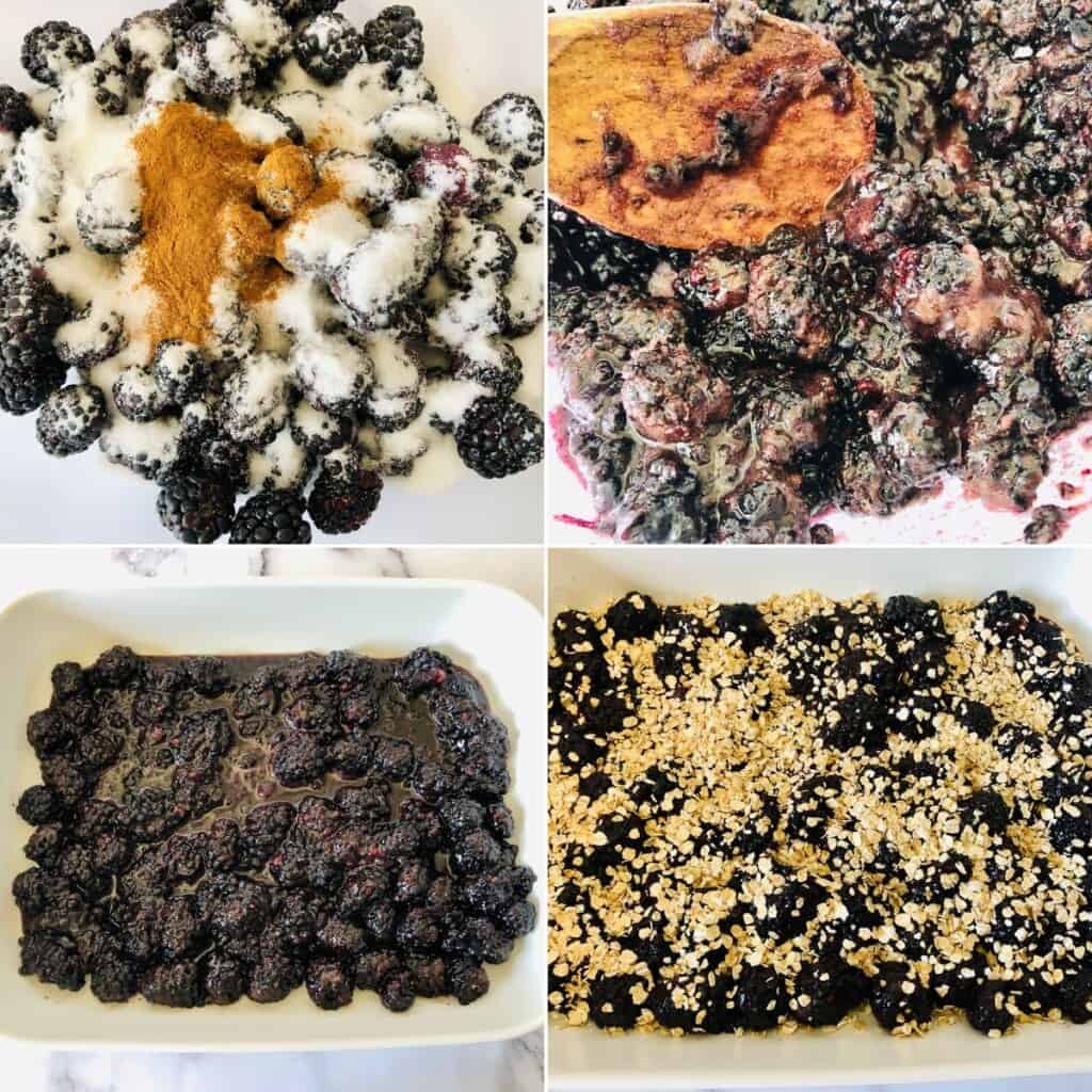 Layering the fruit in the baking dish.