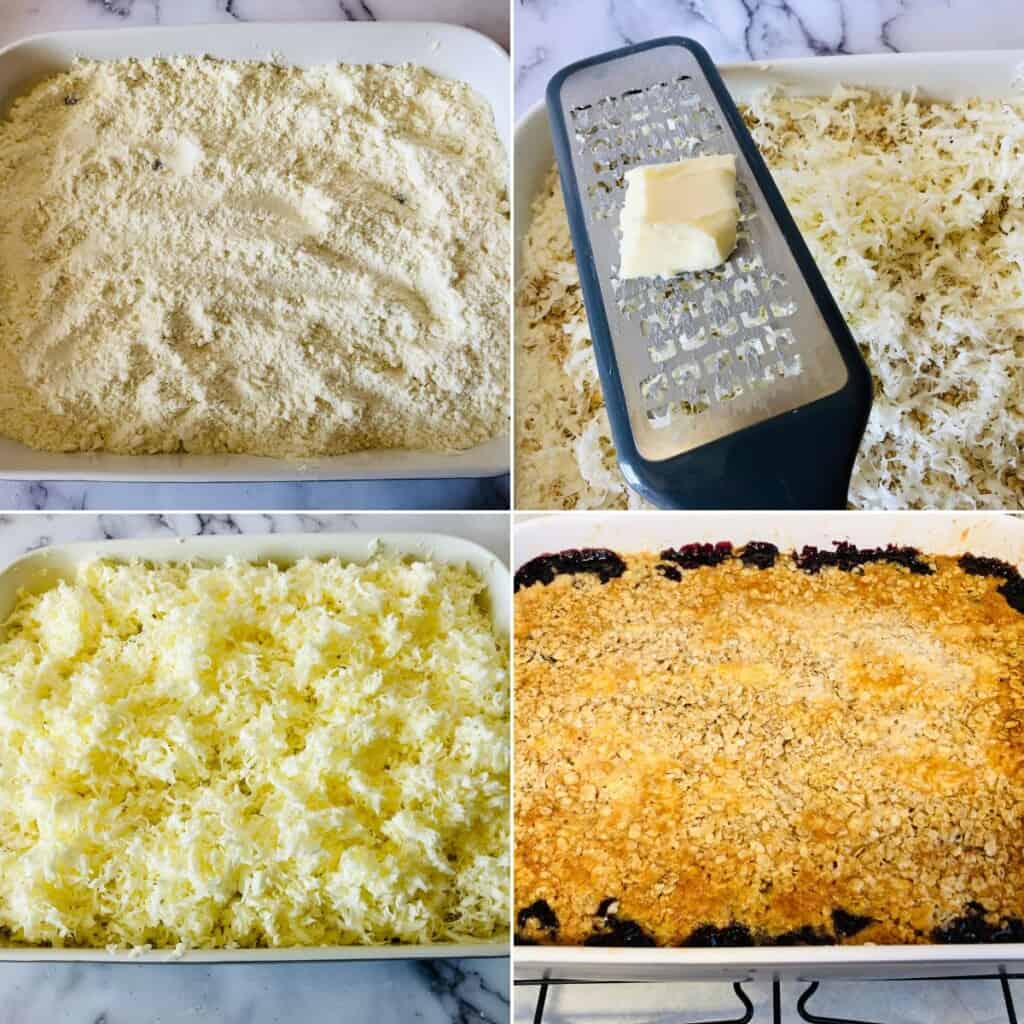 Topping the fruit with the cake mix and baking the blackberry dump cake.