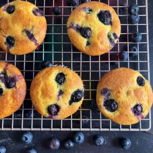blueberry muffins on a tray