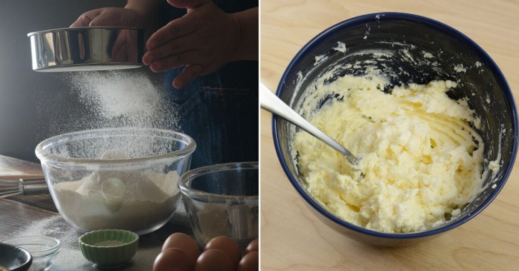 Images of a person sifting flour and creamed butter and sugar in a bowl.