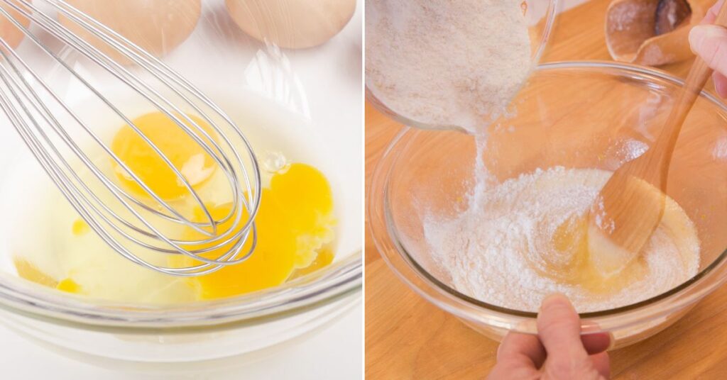Images of eggs being beat with a whisk in a glass bowl, and flour being poured into the eggs.