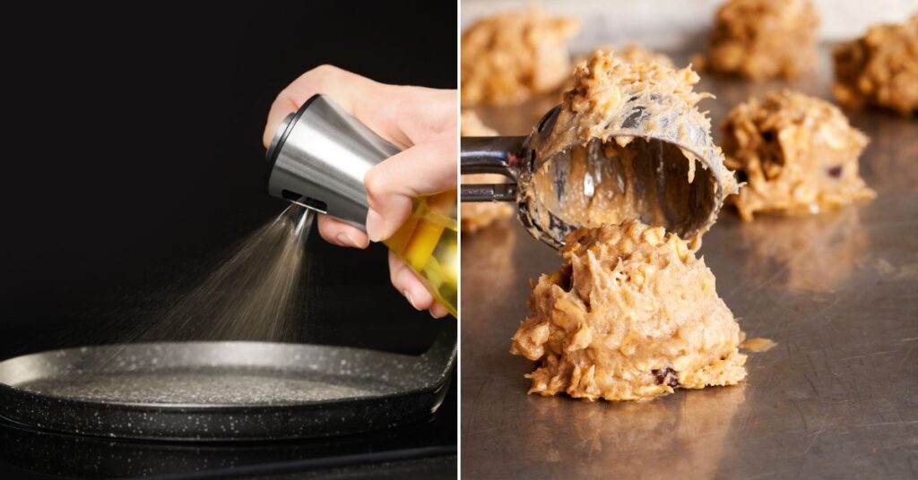 Images of cooking spray being sprayed on a round pan and a cookie scoop being used to put dough on a pan.