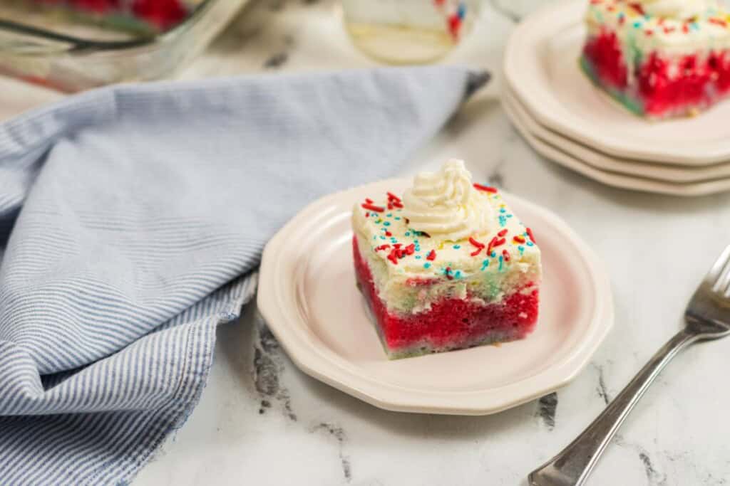 A slice of the firecracker poke cake.