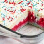 A glass cake pan with the firecracker cake in it.