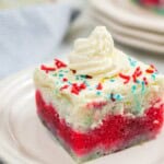 A slice of the finished firecracker cake on a white plate.