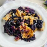 A finished blueberry cobbler with cake mix.