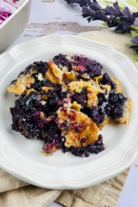 A finished blueberry cobbler with cake mix.