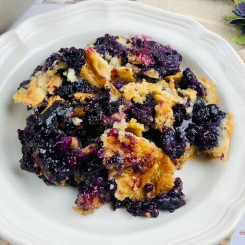 A finished blueberry cobbler with cake mix.
