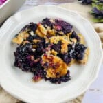 A top view of the easy blueberry cobbler with cake mix.