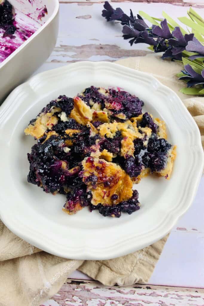 A top view of the easy blueberry cobbler with cake mix.