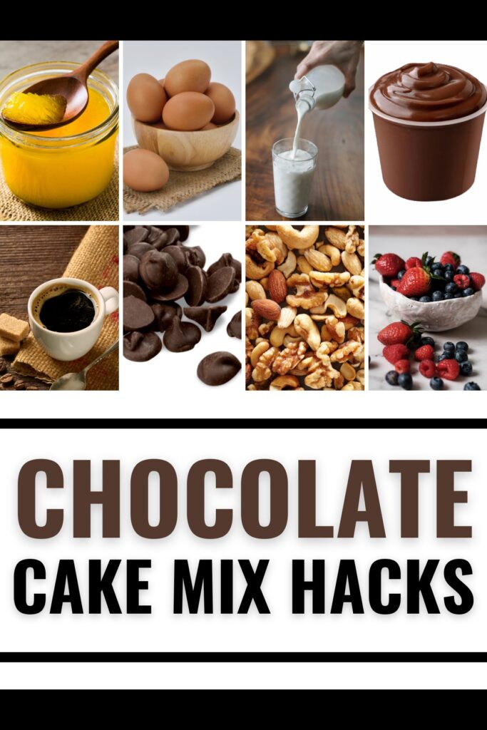 A collage of 8 images of various things you can use in baking with title reading Chocolate Cake Mix Hacks.