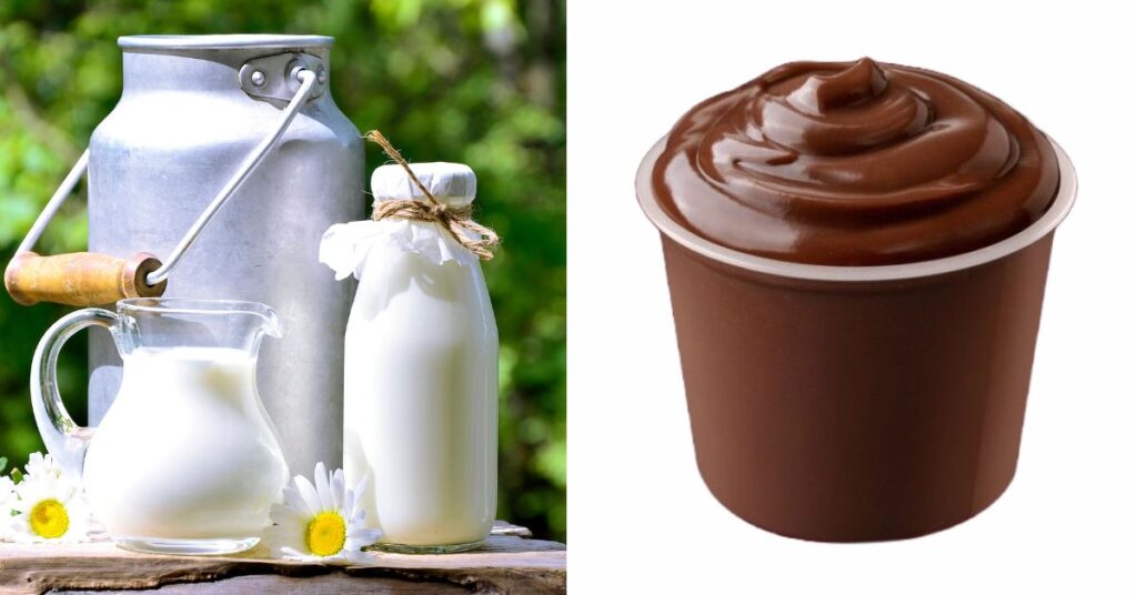 a collage of 2 images of milk in a pitcher glass, and a metal tin, and a chocolate pudding cup.