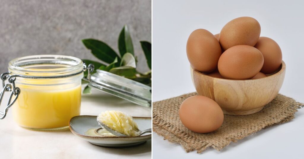 a collage of 2 images of butter in a dish and on a spoon, and eggs in a bowl.