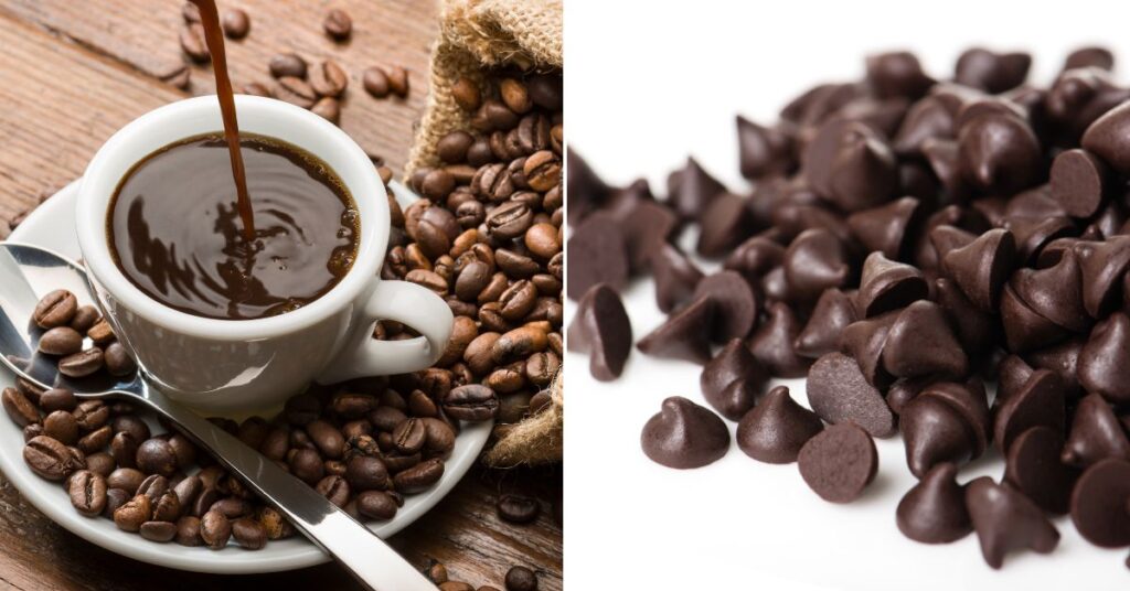a collage of 2 images of coffee being poured in a white coffee cup and chocolate chips on a white table.