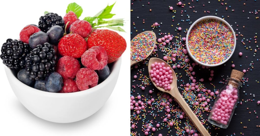 a collage of 2 images of berries in a white bowl and a variety of sprinkles.
