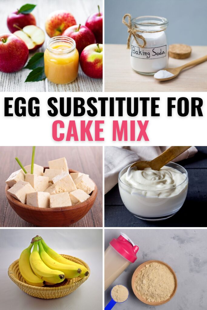 6 images of egg substitutes with title text Egg Substitute For Cake Mix.