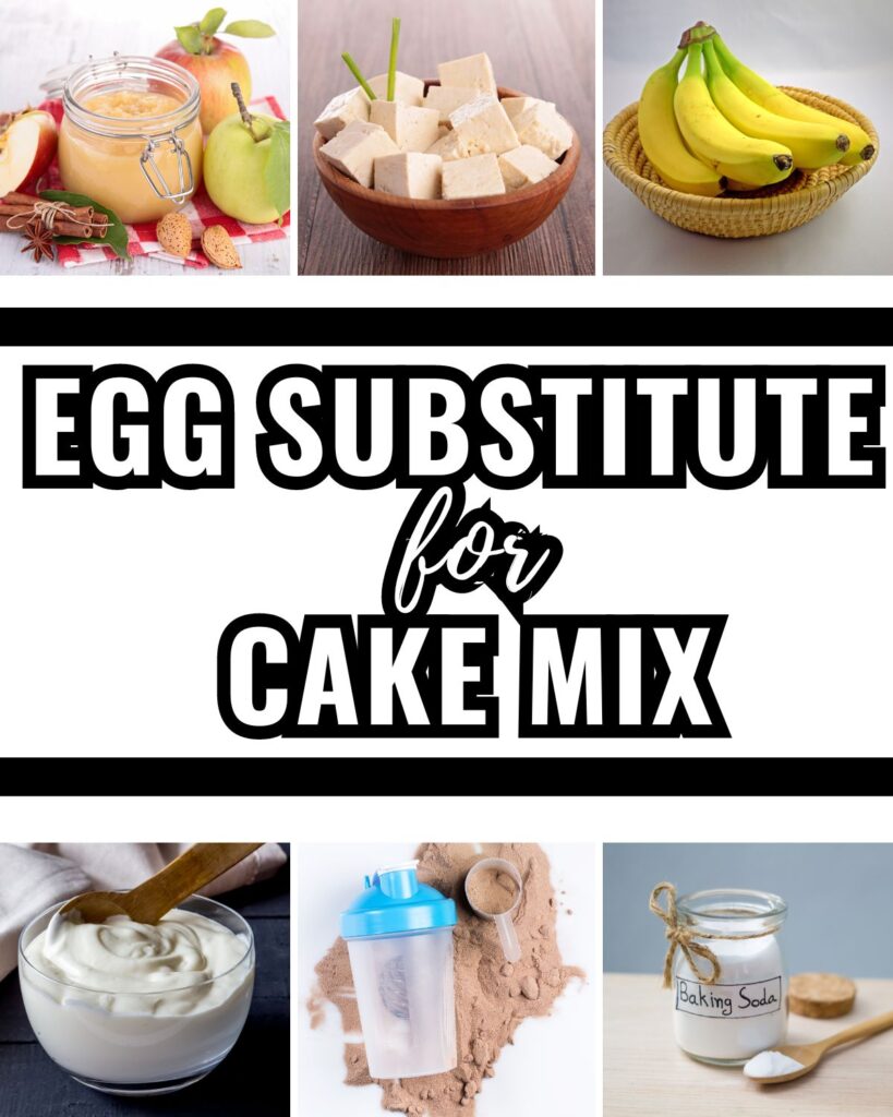 6 images of egg substitutes with title text Egg Substitute For Cake Mix.