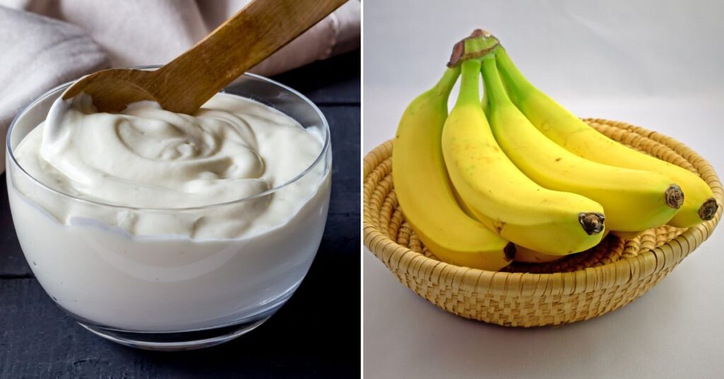 a collage of images of yogurt in a glass bowl and bananas in a wicker basket.