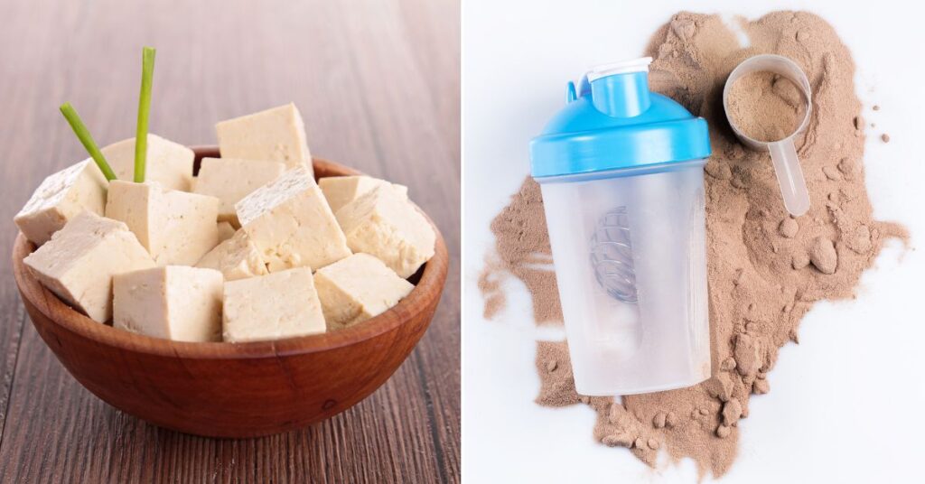 a collage of images of tofu in a bowl and protein powder and a plastic container.
