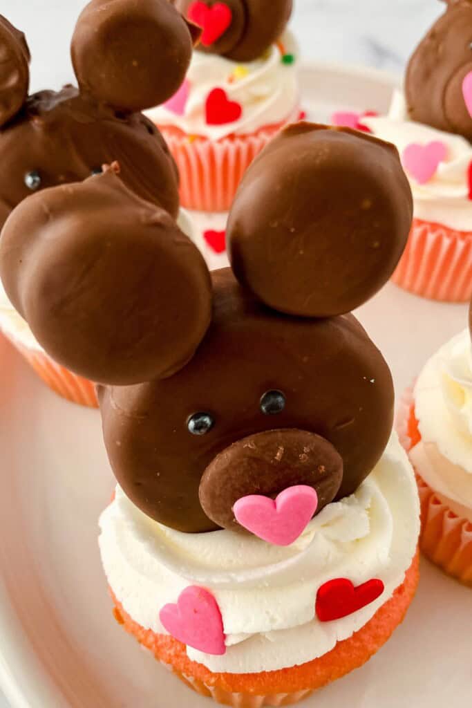 A cute teddy bear cupcakes with a pink nose.