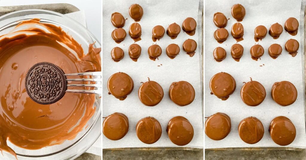 Covering the cookies in chocolate and decorating.