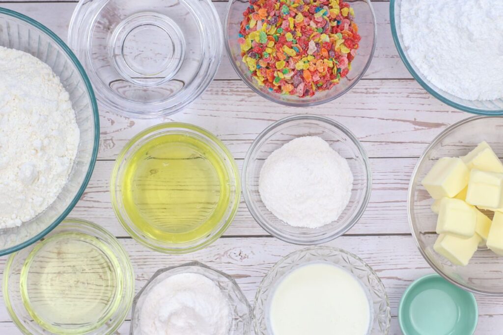 ingredients needed to make a fruity pebble dessert.
