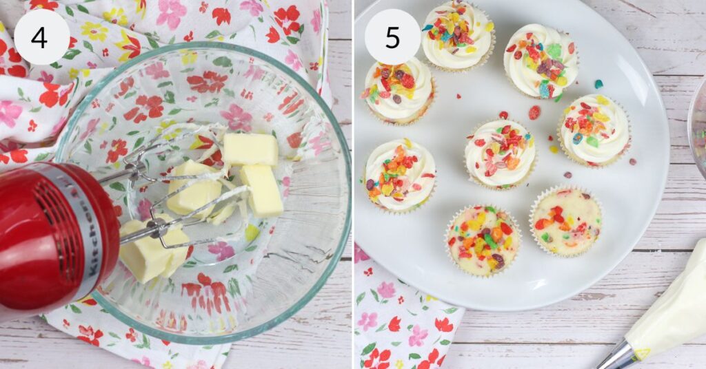 a collage of 2 images showing how to make the frosting and decorate fruity pebble cupcakes.