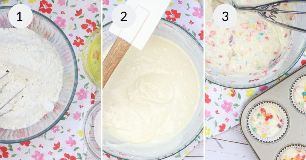 a collage of 3 images showing how to make the batter for fruity pebble cupcakes.