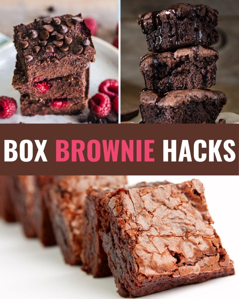 A collage of 3 images of brownies with title text Box Brownie Hacks.