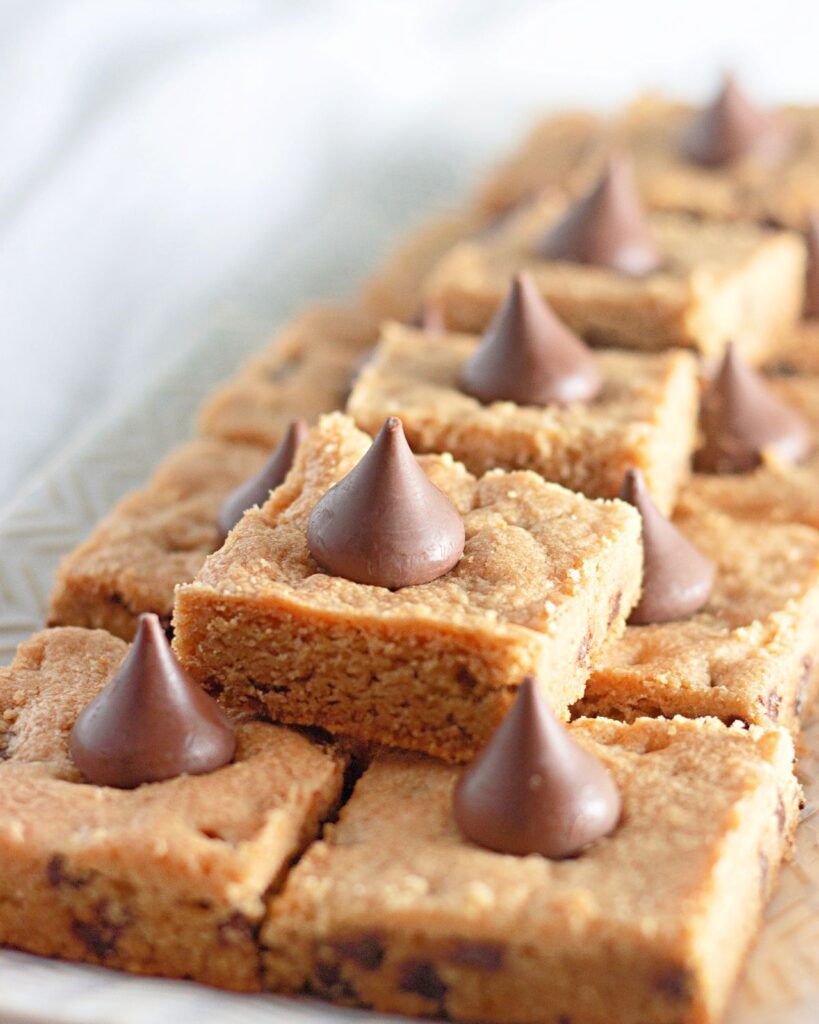 a closeup of several Peanut Butter Cookie Bars.