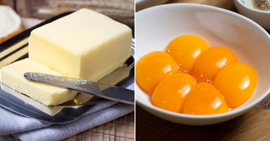 Side by side images of butter and eggs in a dish.