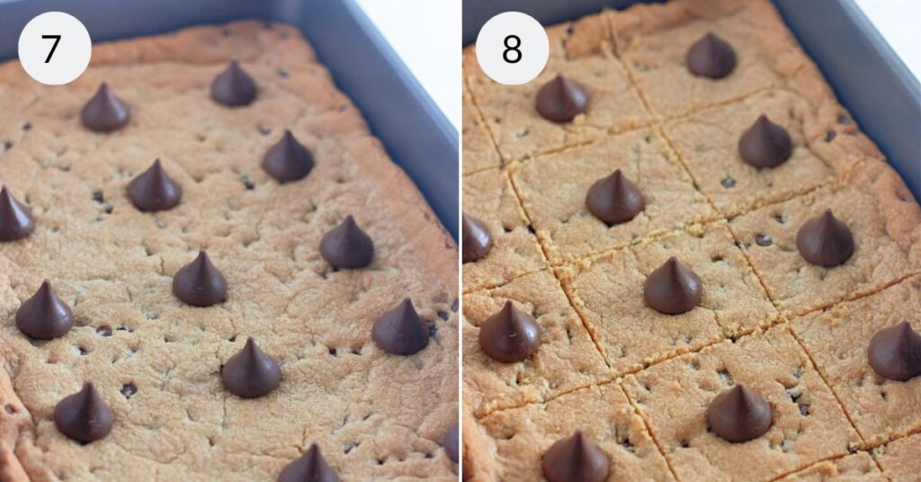 a collage of 2 images showing how to cut the Peanut Butter Cookie Bars.