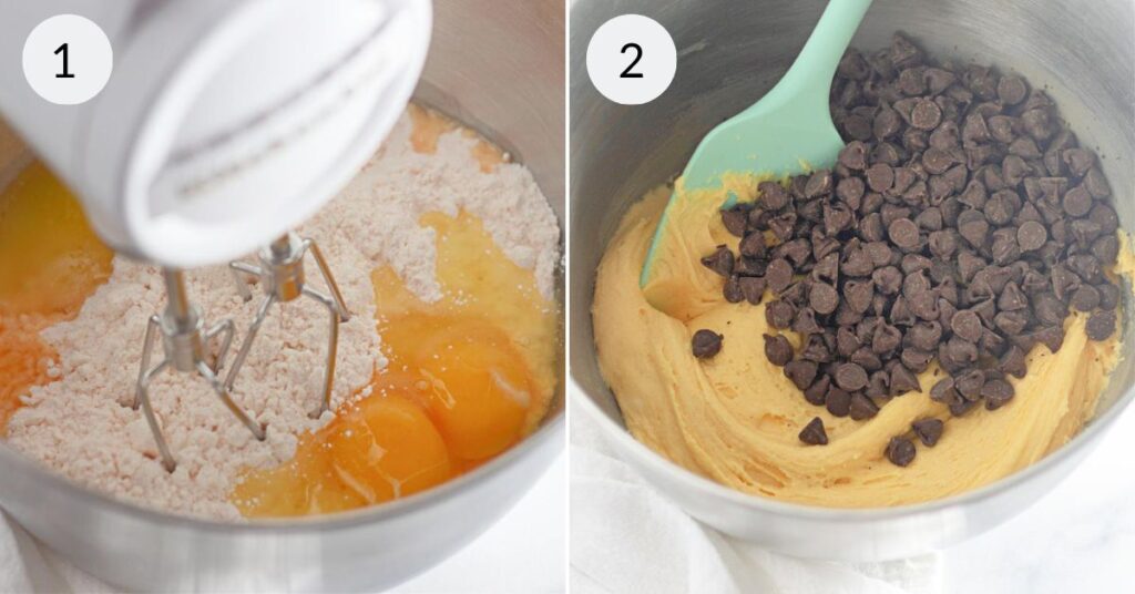 a collage of 2 images showing how to make the chocolate chip cookie bars batter.