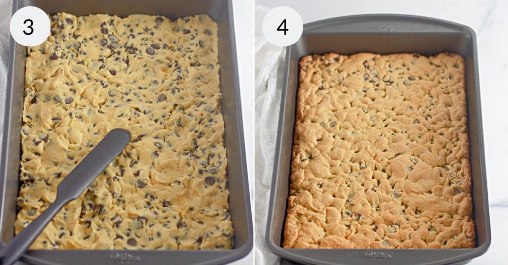 a collage of 2 images of the cookie bar batter in a pan before baking and after baking.