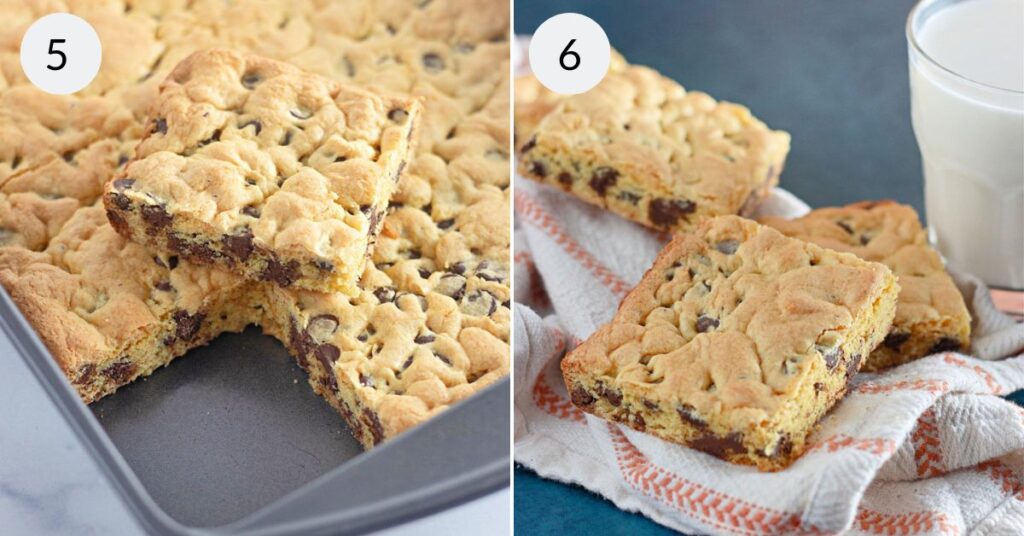 a collage of 2 images of Chocolate Chip Cake Mix Cookie Bars  in a pan and on a cloth.