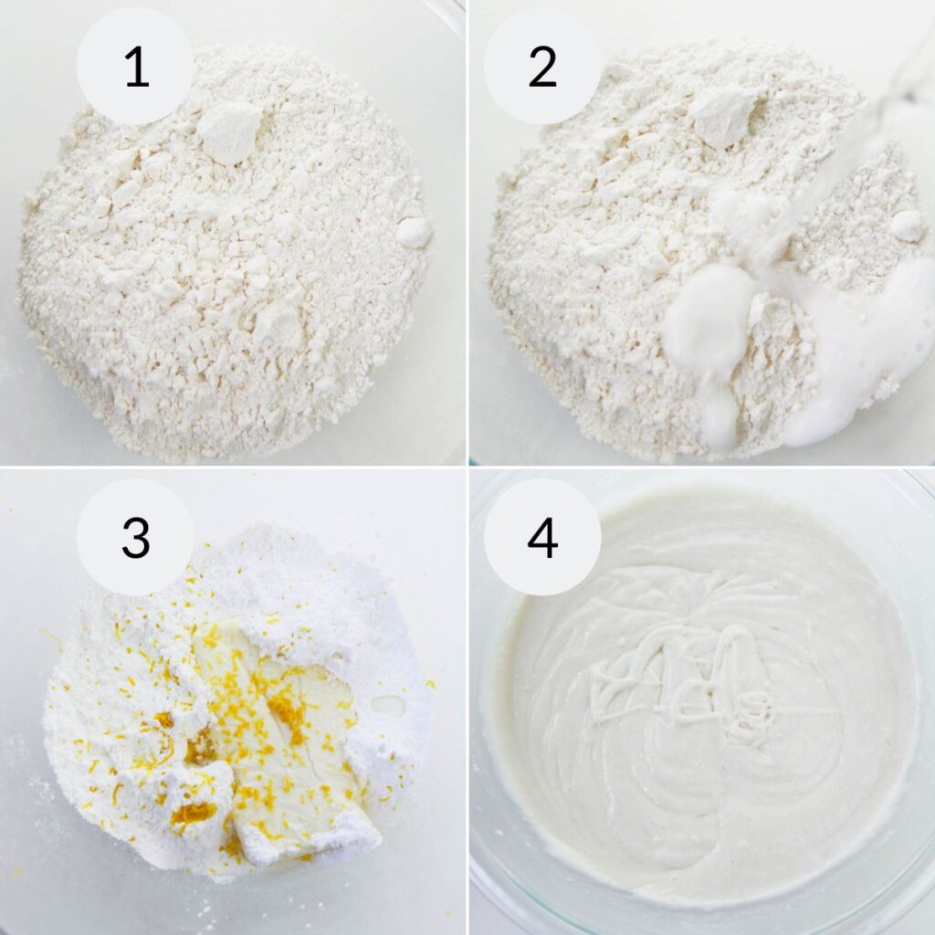 a collage of 4 images showing the steps needed to make the frosting for Lemon Cupcakes