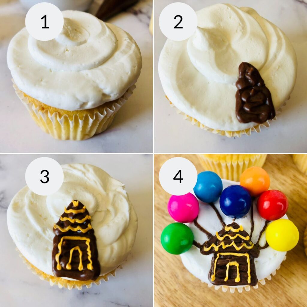a collage of four images showing how to make Up cupcakes.