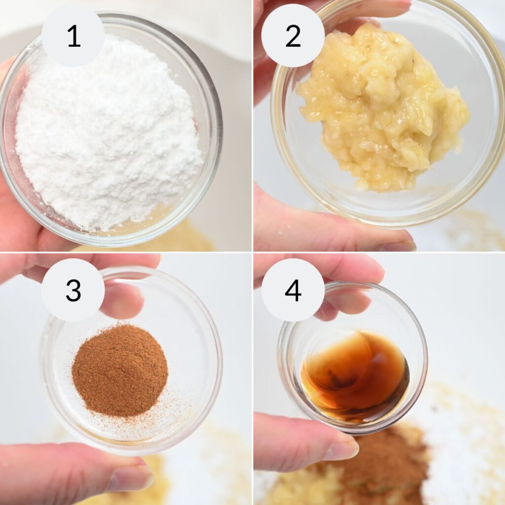 a collage of four images showing the ingredients needed to make a mini banana muffin recipe.