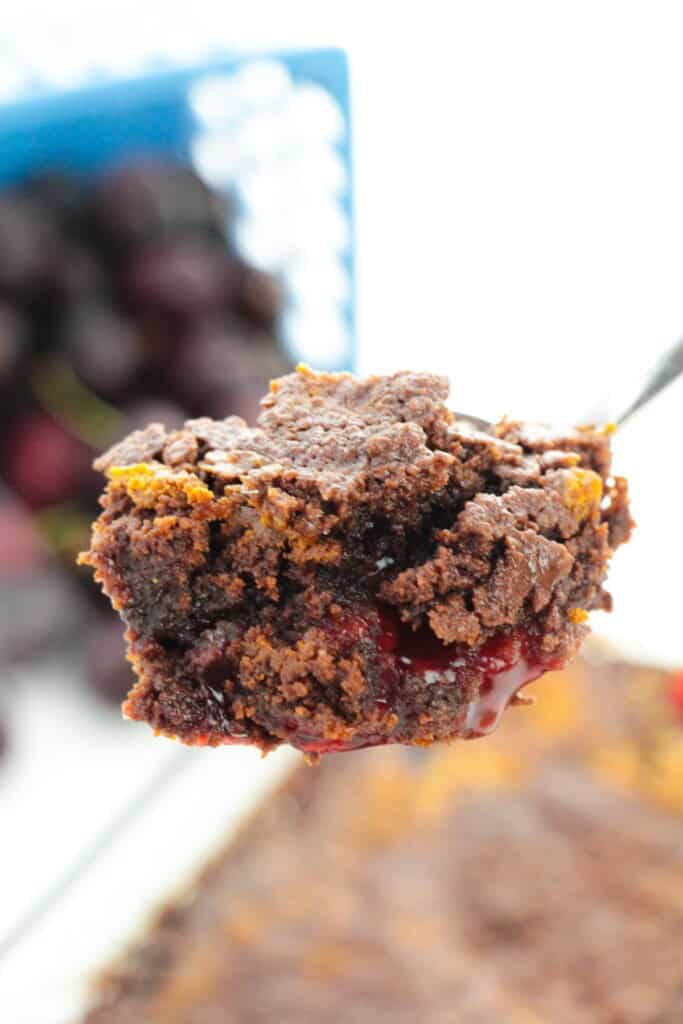 The finished cake mix chocolate cherry cake on a fork.