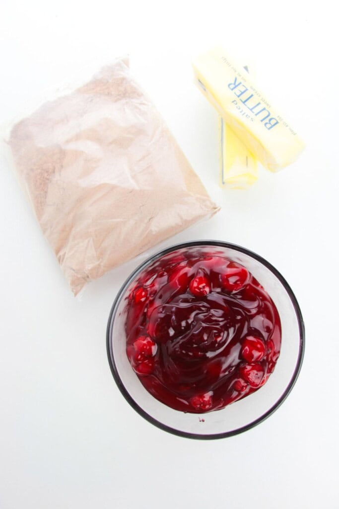 A package of the mix, a glass dish of the pie filling. Butter.