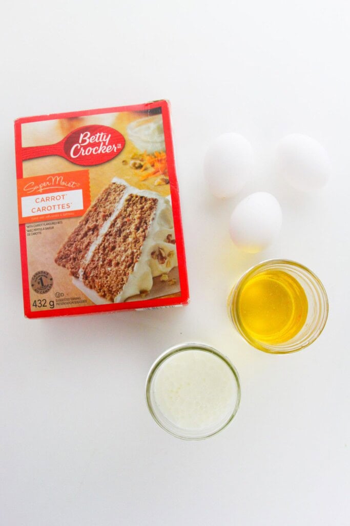Cake mix, eggs, oil and milk for hte breakfast.