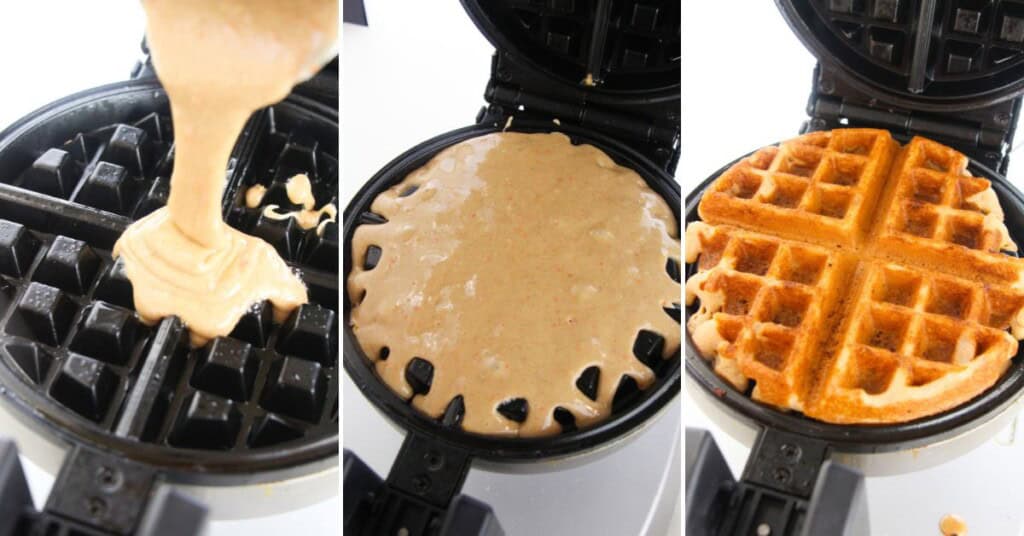 Placing the batter in a waffle iron to make the cake waffle.