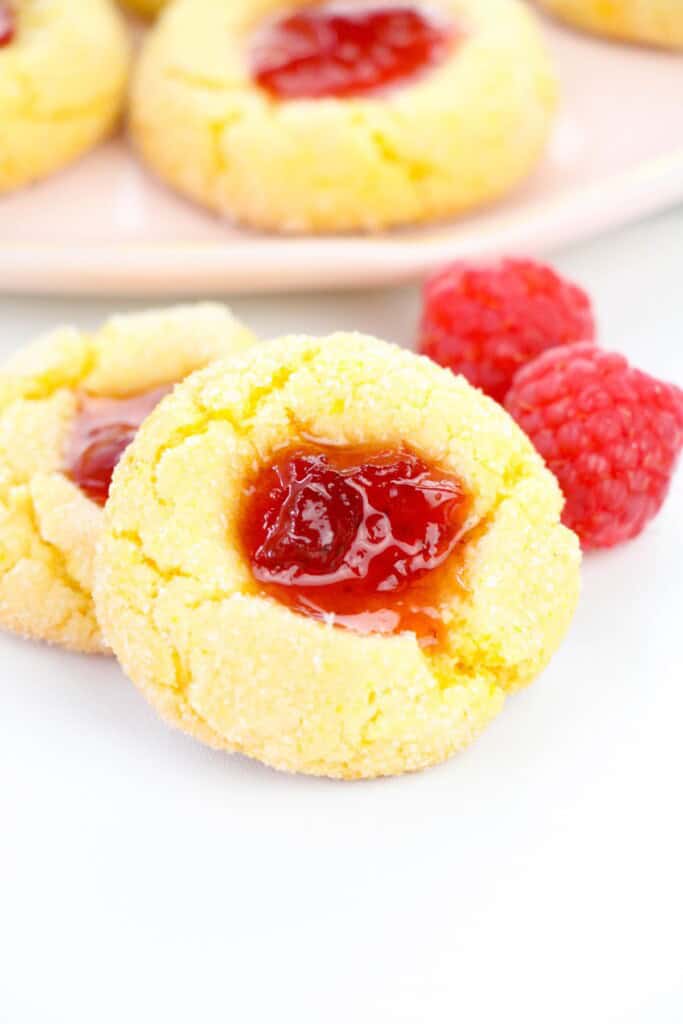 A Raspberry Lemon Thumbprint Cookies on its side.


