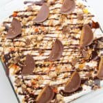 A top shot of the reese peanut butter cup poke cake.