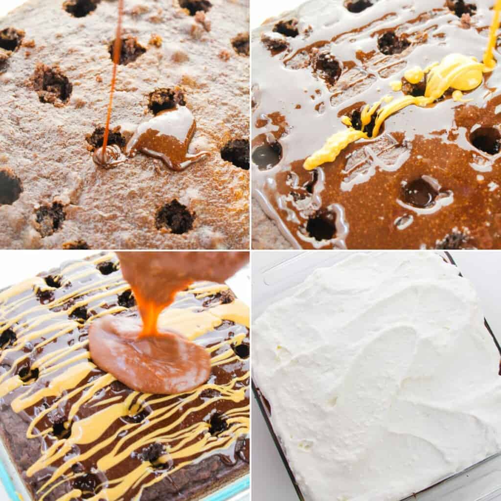 Pouring the pudding into the holes and frosting the cake.