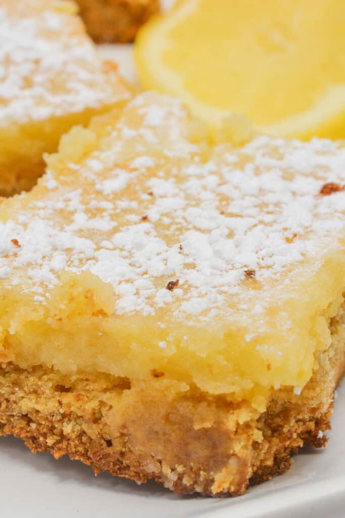 A close up on the cake mix lemon bars.