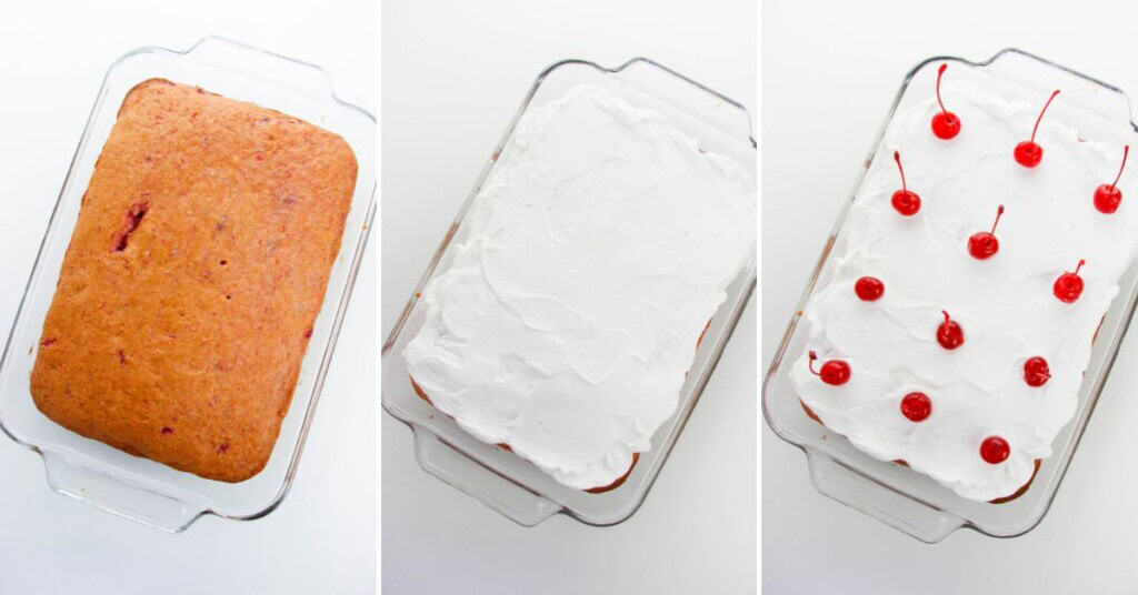 Icing the cake and adding the cherries on top.