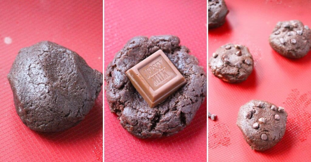 Making the cookie dough, rolling the balls and adding the chocolate.