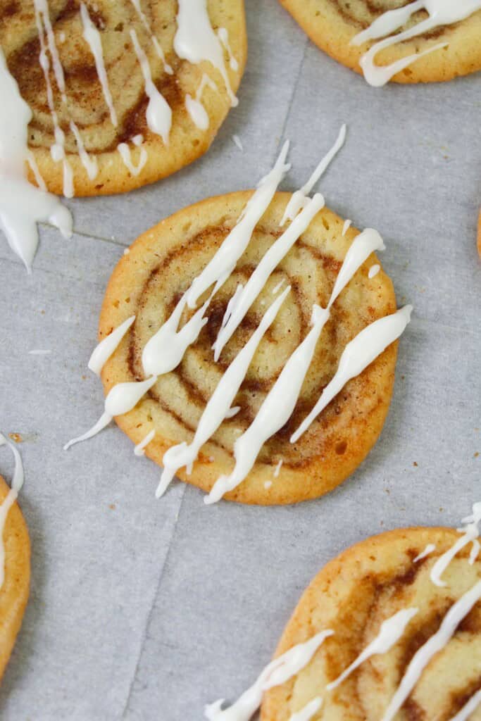 A top shot of the cinnamon roll cookies.