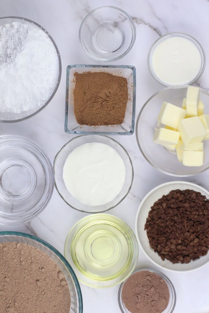 Cake mix, cereal and the  ingredients to make the treats.